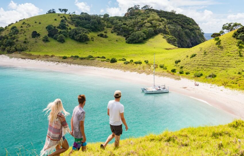 people walking on the cliff on a beautiful day overlooking bay of islands